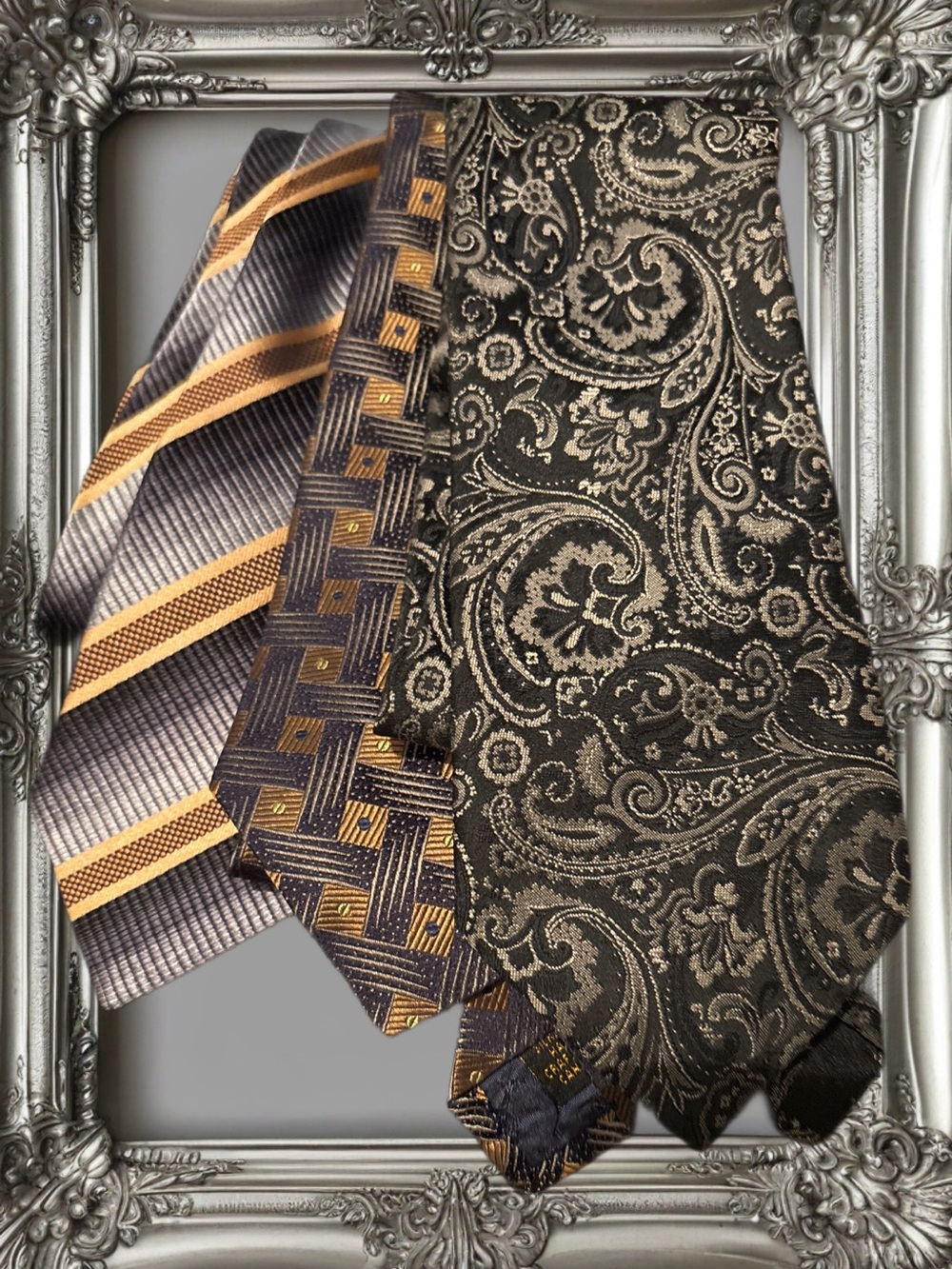 3 Vintage Gold and Gray Silk Ties - Classic Formal Accessory